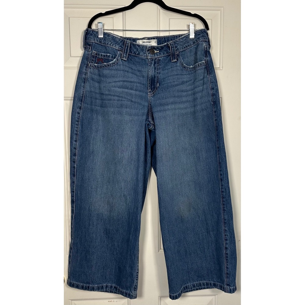 Hollister Low-Rise Super Baggy Jeans Medium‎ Wash Cherry Bow Embroidered 12S W31